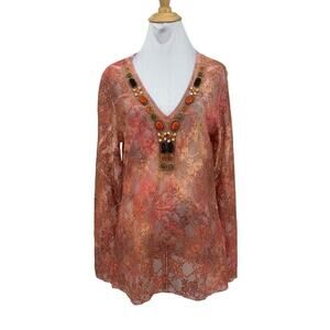 David Cline Blouse Womens L Large Pink Orange Lace Semi Sheer Tulle Beaded Jewel